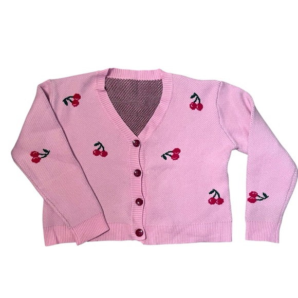 ROMWE Cherry Print Button-Front Long Sleeve Cropped Cardigan Sweater - Picture 3 of 10